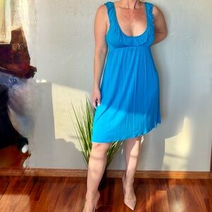Velvet Torch Vibrant Turquoise Blue Low Cut Ruffle Scoop Neck Sleeveless Dress